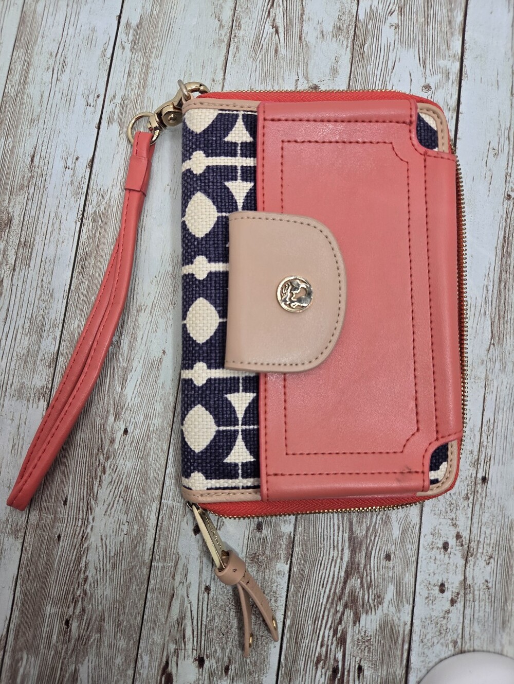 Spartina 449 Navy & Coral Geometric Linen Leather Zip Around Wristlet Wallet 🌊✨